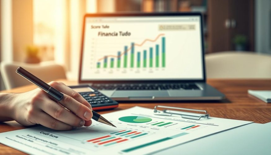 An illustrative concept for "score crédito," featuring a close-up view of a credit score report on a wooden desk. In the foreground, there’s a hand holding a pen poised over a financial document, with highlighted aspects of the credit score. In the middle, an elegant calculator and a laptop displaying financial graphs, symbolizing analysis and judgment. The background should show a blurred office environment with soft, warm lighting, creating a professional atmosphere. Include a subtle branding element of "Financia Tudo" on the laptop screen, emphasizing trust and financial intelligence. The overall mood should be optimistic and focused, reflecting the anticipation of credit approval without any distractions or text.