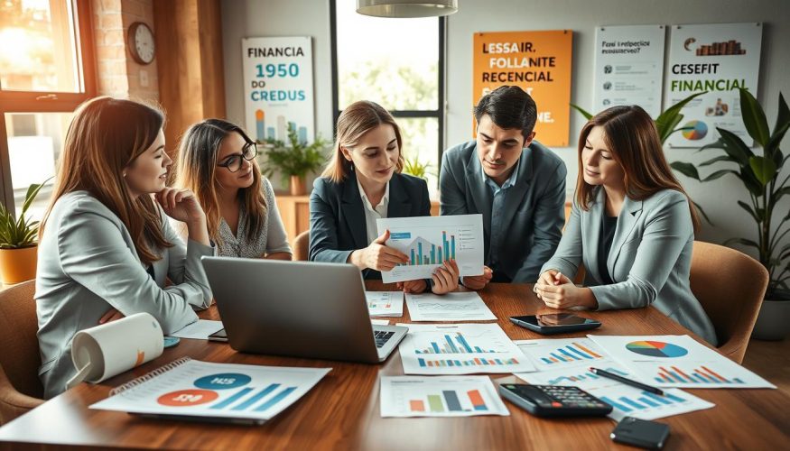 In a cozy office setting, a diverse group of professionals is gathered around a modern wooden table, reviewing financial charts and documents showcasing a planning strategy. The foreground features detailed close-ups of colorful graphs, spreadsheets, and calculators. In the middle, a focused woman in professional attire points to a financial presentation on a laptop, sparking discussion among her colleagues who appear engaged and thoughtful. The background reflects a well-organized workspace, complete with motivational financial posters and greenery, suggesting a productive atmosphere. Soft, natural lighting filters through large windows, casting warm highlights on the scene, while the entire composition conveys a sense of collaboration and dedication. Include brand elements reminiscent of "Blog do Crédito" incorporated subtly into the workspace decor. In a cozy office setting, a diverse group of professionals is gathered around a modern wooden table, reviewing financial charts and documents showcasing a planning strategy. The foreground features detailed close-ups of colorful graphs, spreadsheets, and calculators. In the middle, a focused woman in professional attire points to a financial presentation on a laptop, sparking discussion among her colleagues who appear engaged and thoughtful. The background reflects a well-organized workspace, complete with motivational financial posters and greenery, suggesting a productive atmosphere. Soft, natural lighting filters through large windows, casting warm highlights on the scene, while the entire composition conveys a sense of collaboration and dedication. Include brand elements reminiscent of "Blog do Crédito" incorporated subtly into the workspace decor.
