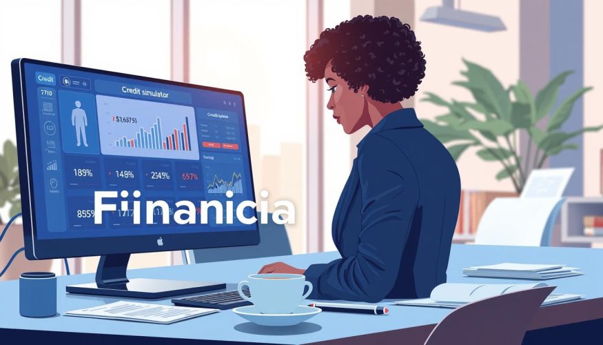 A detailed illustration of a "credit simulator" workspace, showcasing an elegant digital interface on a sleek desktop computer. The foreground features a professional, diverse woman in business attire, intently analyzing credit simulation data on the screen, with numbers and charts displayed prominently. In the middle ground, a modern office environment with a stylish desk, a coffee cup, and financial documents scattered about. The background shows a large window with soft, natural daylight pouring in, creating a warm and inviting atmosphere. The color palette is a mix of cool blues and warm earth tones, enhancing the feeling of professionalism and trust. The brand name "Financia Tudo" is subtly integrated into the design elements of the interface, without being too prominent.
