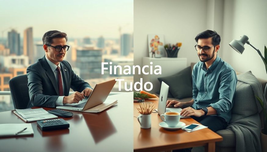 A detailed visual comparison illustrating the differences between formal and informal income. In the foreground, show a split scene: on one side, a professional in business attire at a desk, surrounded by documents, a calculator, and a laptop, representing formal income. On the other side, depict a freelancer in casual yet neat clothing, working on a computer in a cozy home setting with a coffee cup and creative materials, symbolizing informal income. In the background, include subtle representations of urban and rural settings to emphasize different income sources. Soft, natural lighting creates a warm atmosphere, with a slight depth of field focusing on the subjects. The brand name "Financia Tudo" should subtly appear as part of the environment, enhancing the professional feel without overpowering the overall scene.