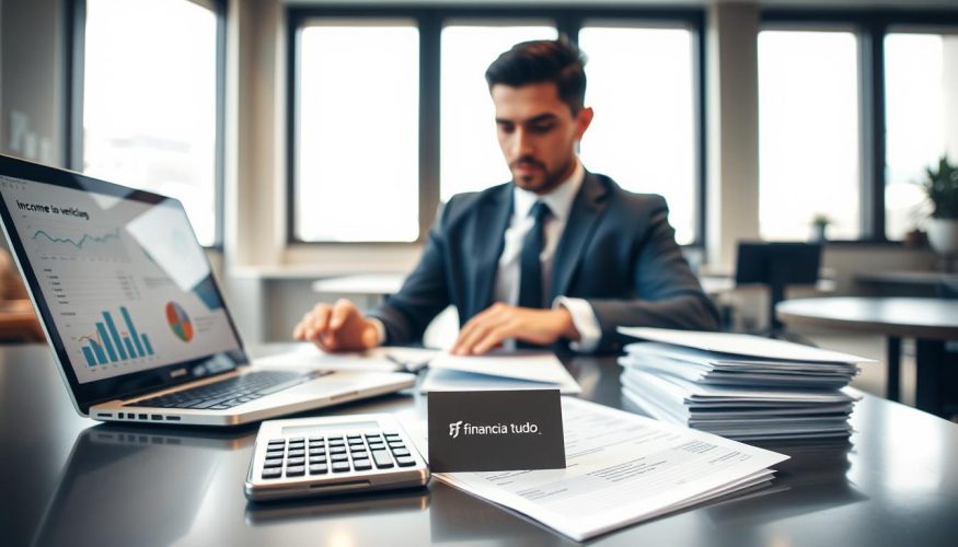 A focused scene depicting a professional-looking individual sitting at a sleek desk in a modern office environment, analyzing documents. The foreground features a laptop displaying financial graphs and a calculator, symbolizing the process of income verification. In the middle, a stack of paperwork including invoices and receipts is neatly organized alongside a polished business card bearing the logo "Financia Tudo." In the background, large windows let in natural light, creating a warm and inviting atmosphere. The lighting is soft yet bright, highlighting the professionalism of the workspace. Capture the mood of determination and clarity, as the individual contemplates their financial situation. The person is dressed in smart business attire, reflecting a serious but optimistic approach to proving their income as an autonomous worker.
