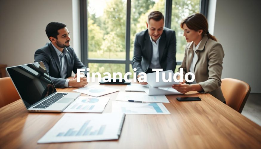 A modern and organized workspace illustrating financial planning and management. In the foreground, a diverse group of two professionals – one male and one female – both dressed in smart casual attire, are intently discussing financial documents and charts on a sleek wooden table. The middle ground features a laptop displaying graphs and a notepad with neatly arranged financial goals. The background includes a large window showcasing a sunny day outside, with greenery visible, creating a bright and optimistic atmosphere. Soft natural lighting enhances the scene, focusing on the faces of the individuals engaged in conversation. The brand name "Financia Tudo" is subtly integrated into the financial documents, adding a professional touch without distracting from the main theme of efficient financial organization.