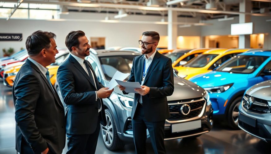 A modern car dealership interior with a sleek, contemporary vibe. In the foreground, a well-dressed man in business attire is discussing financing options with a sales representative, who is showing him paperwork. Both look engaged and professional. The middle of the scene features a shiny new vehicle, prominently displayed and lit with soft, natural lighting to enhance its features. Various colorful vehicles are lined up in the background, creating a dynamic atmosphere. The lighting is warm and inviting, suggesting a friendly yet professional environment. In one corner, a discreet sign reads "Financia Tudo," indicating the financing service available. The overall mood is optimistic and informative, reflecting the excitement of exchanging vehicles through financing options.