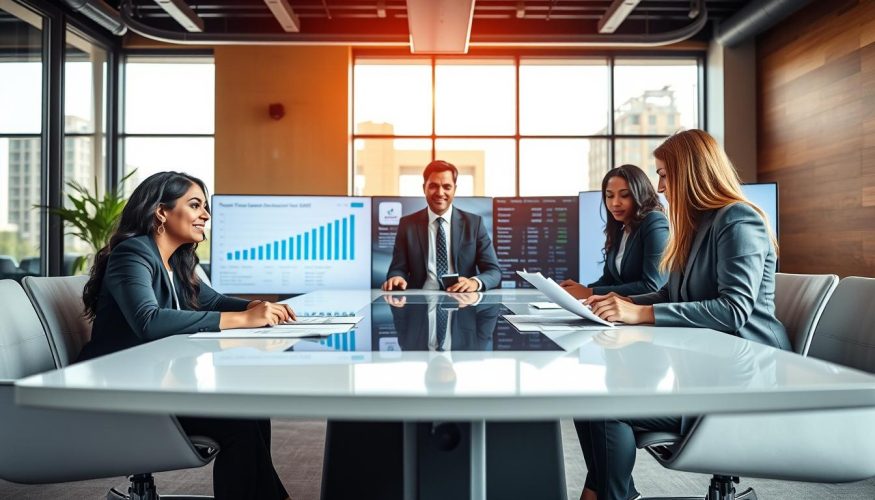 A modern office environment showcasing "Financia Tudo," a fictitious financial consulting firm focused on helping new businesses secure credit. In the foreground, a diverse team of three professionals, a Hispanic woman, an African American man, and a Caucasian woman, are engaged in a strategic planning session around a sleek conference table, all in smart business attire. The middle ground features digital screens displaying graphs and financial strategies, while the background consists of large windows letting in natural light, creating a bright and inspiring atmosphere. The overall mood is one of collaboration and optimism, with a warm color palette. Shot with a 24mm lens, emphasizing depth while keeping the team and workspace in crisp focus.