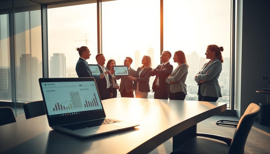 A modern office environment symbolizes the concept of credit referrals, featuring a sleek, professional workspace with a large desk in the foreground, equipped with a laptop displaying financial charts. In the middle ground, a diverse group of business professionals, dressed in business attire, engage in a dynamic discussion, pointing at a digital tablet displaying graphs related to credit. The background showcases large windows with a city skyline, bathed in warm, natural light, creating an inviting atmosphere. Soft shadows add depth, while a subtle lens flare highlights the professionalism of the scene. The brand name "Financia Tudo" subtly appears on a piece of digital signage in the background, reinforcing the theme of credit innovation. The overall mood is energetic and forward-looking, reflecting collaboration and opportunity in the credit market.