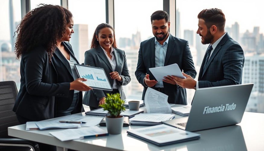 A modern office setting showcasing the concept of "financial affiliate marketing." In the foreground, a diverse group of three professionals, a Black woman and a Hispanic man in business attire, engaged in a brainstorming session. They are discussing financial strategies, with charts and graphs visible on a tablet in their hands. In the middle ground, a sleek desk cluttered with financial reports, a laptop displaying the "Financia Tudo" logo, and a potted plant. The background reveals a large window with a city skyline view, bathed in soft, natural light, creating a bright and optimistic atmosphere. The angle highlights teamwork and innovation, capturing the dynamics of the financial affiliate market in a vibrant and professional ambiance.