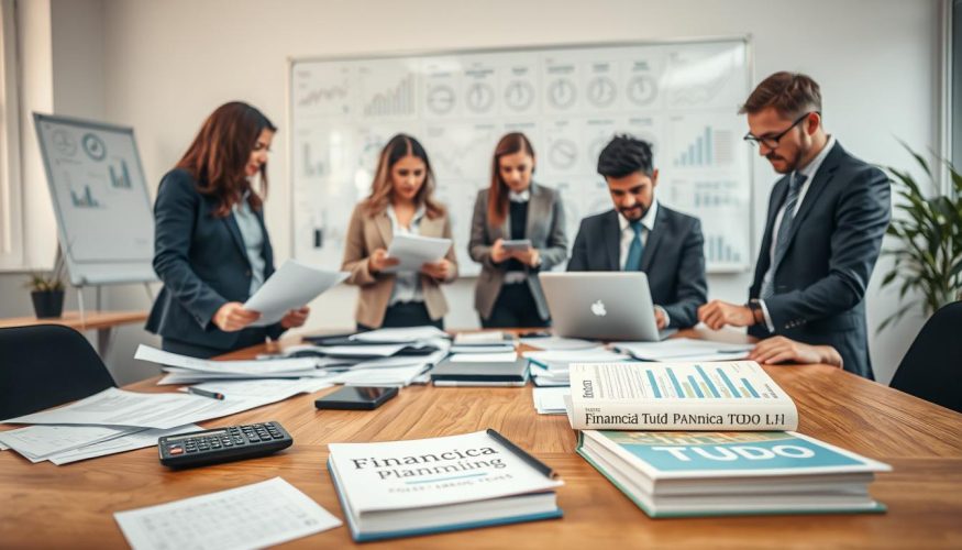 A modern office setting with clear organization reflecting personal finance management. In the foreground, a diverse group of professionals in business attire, including a woman analyzing financial documents and a man calculating figures on a laptop. In the middle ground, a large wooden table cluttered with spreadsheets, a calculator, and a financial planning book titled "Financia Tudo." The background features a whiteboard filled with financial diagrams and charts, illuminated by natural light coming through a large window. The atmosphere is focused and collaborative, conveying a sense of determination and clarity. Capture this scene with a depth of field that keeps the foreground sharp while softly blurring the background, creating an inviting yet professional mood.