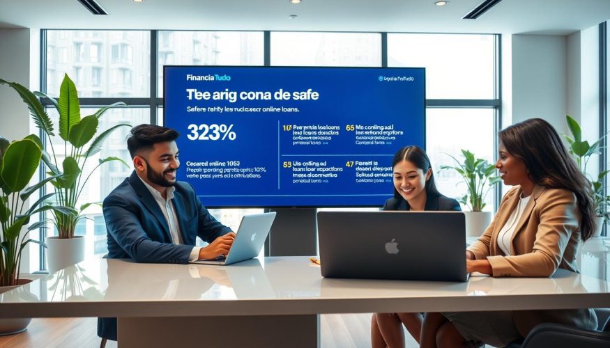 A modern, secure online lending scenario that conveys safety and reliability. In the foreground, a diverse group of professionals in business attire, including a Hispanic man, an Asian woman, and a Black woman, sit at a sleek, well-lit desk, discussing loan options on a laptop with a friendly demeanor. In the middle ground, a large digital screen displays statistics and positive reviews about secure online loans, showcasing the brand name "Financia Tudo". In the background, a calming office environment with plants and contemporary decor enhances a sense of professionalism and trust. Soft natural lighting filters through large windows, creating an inviting atmosphere. The overall mood is reassuring, promoting the idea of safe online transactions when done correctly.