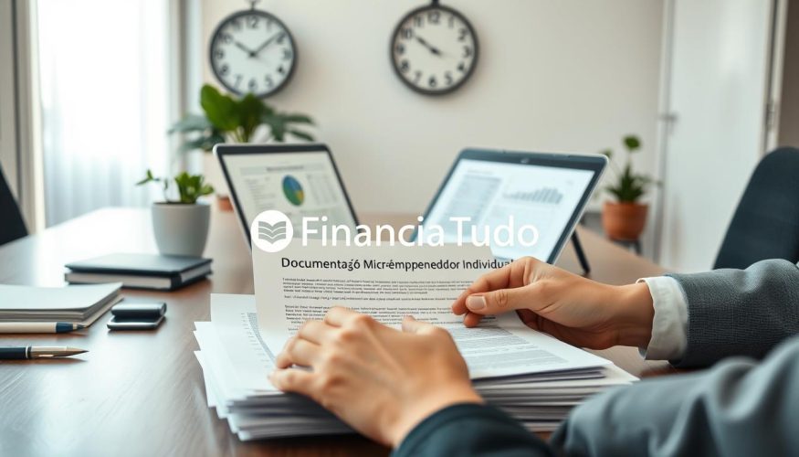 A neatly organized desk in a professional office environment where a stack of important documents titled "Documentação Microempreendedor Individual" is prominently displayed. The foreground features a pair of hands, wearing business attire, actively sorting through the documents, highlighting vital information. In the middle ground, an open laptop with spreadsheets and financial calculations is visible, suggesting a meticulous preparation for refinancing options. The background includes a wall clock indicating precision time management and a potted plant, adding a touch of greenery. Soft, natural lighting from a nearby window creates a serene yet focused atmosphere. The image subtly includes the brand name "Financia Tudo" on the top of the documents, reinforcing a professional credit consulting theme.