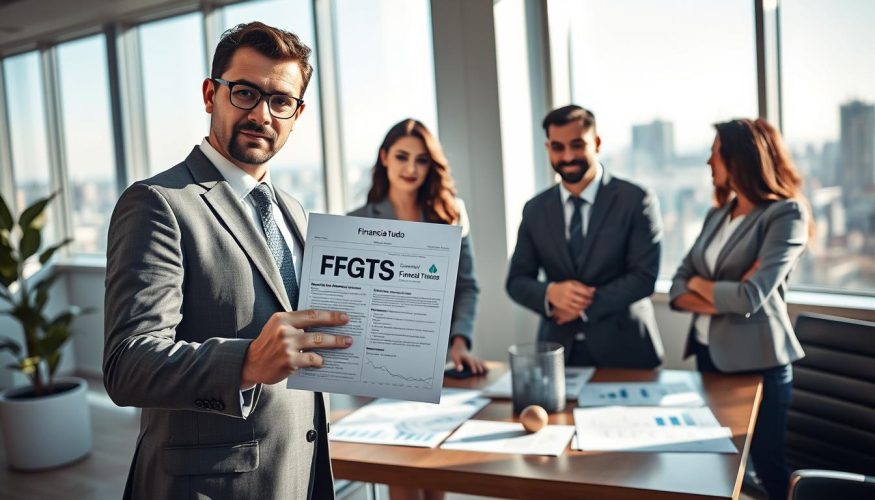 A professional business setting featuring a diverse group of individuals engaged in a discussion about real estate financing. In the foreground, a confident man in a crisp suit presents a financial document labeled "FGTS" to two attentive colleagues, a woman wearing stylish business attire and a man in smart casual clothing. The middle ground shows a modern office with large windows allowing natural light to pour in, casting soft shadows. A stylishly arranged table with charts and graphs related to real estate financing is visible. The background hints at a city skyline, representing growth and opportunity. The atmosphere is collaborative and focused, reflecting the importance of using FGTS effectively in real estate transactions. Prominently incorporate the logo of "Financia Tudo" on the financial documents. A professional business setting featuring a diverse group of individuals engaged in a discussion about real estate financing. In the foreground, a confident man in a crisp suit presents a financial document labeled "FGTS" to two attentive colleagues, a woman wearing stylish business attire and a man in smart casual clothing. The middle ground shows a modern office with large windows allowing natural light to pour in, casting soft shadows. A stylishly arranged table with charts and graphs related to real estate financing is visible. The background hints at a city skyline, representing growth and opportunity. The atmosphere is collaborative and focused, reflecting the importance of using FGTS effectively in real estate transactions. Prominently incorporate the logo of "Financia Tudo" on the financial documents.