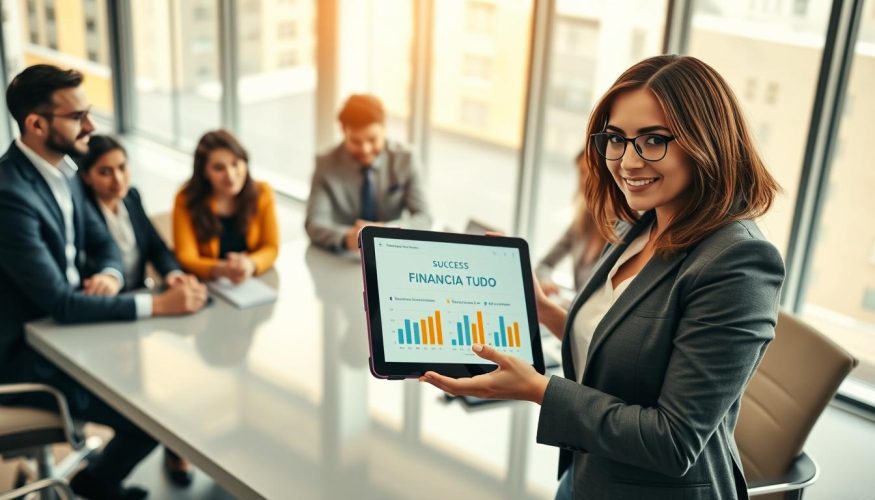 A professional business setting featuring a diverse group of individuals gathered around a sleek conference table, engaged in a collaborative discussion about financial affiliate programs. In the foreground, a confident woman in smart business attire presents a digital tablet displaying growth statistics and charts for "Financia Tudo," highlighting success. The middle ground shows a few attentive colleagues listening intently, taking notes. The background includes large windows allowing natural light to fill the room, enhancing a sense of optimism and opportunity. Soft, warm lighting gives the atmosphere a welcoming and motivational feel. The composition is viewed from a slightly elevated angle to capture the dynamics of the meeting, creating a sense of engagement and teamwork.