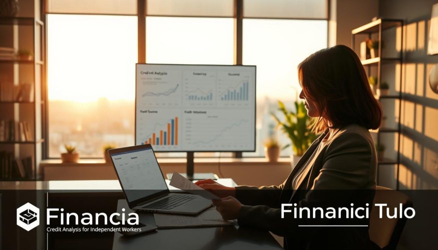 A professional business setting featuring a focused individual analyzing credit data for self-employed clients. In the foreground, a businesswoman wearing formal attire is seated at a modern desk, reviewing financial documents with a laptop open, displaying a credit analysis dashboard. In the middle ground, a large window reveals a cityscape, softly illuminated by golden hour sunlight that bathes the room in a warm glow. Graphs and charts highlighting credit scores and income verification processes can be seen on the screen. In the background, shelves lined with financial books and potted plants create an inviting atmosphere. The overall mood is one of professionalism and focus, emphasizing the importance of credit analysis for independent workers. Include the brand name "Financia Tudo" subtly integrated into the decor.