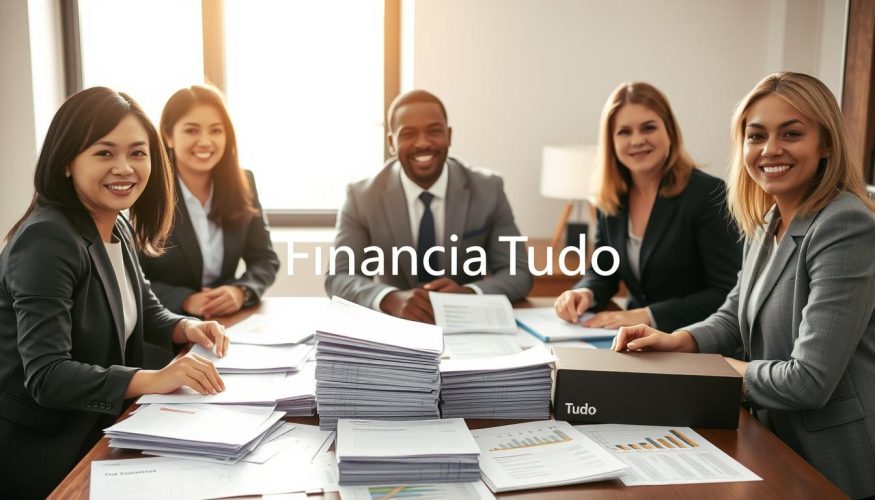 A professional business setting focusing on financial planning. In the foreground, a diverse group of three individuals, one Asian woman, one Black man, and one Caucasian woman, dressed in smart business attire, are gathered around a table covered with financial documents and charts. In the middle, stacks of bills and debt statements are organized, illustrating various types of debts. In the background, a large window lets in warm, natural light, casting a soft glow over the scene. The atmosphere is serious yet optimistic, reflecting a productive discussion on prioritizing debts to improve credit scores. The brand name "Financia Tudo" is subtly integrated into the scene, perhaps on a branded folder on the table, emphasizing financial wisdom without distracting from the main focus of the image.