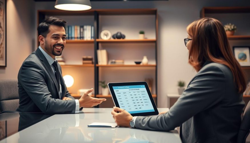 A professional business setting with a confident financial advisor in smart attire interacting with a client at a sleek, modern desk. The advisor showcases a digital tablet displaying a graphical representation of loan options. In the background, there are subtle hints of a financial office, like shelves filled with books and finance-related decor. The lighting is warm and inviting, casting a soft glow over the scene, emphasizing trust and professionalism. The atmosphere is calm and focused, illustrating the idea of reducing loan installments safely. Ensure the brand "Financia Tudo" is subtly represented in the office space, perhaps as a logo on a brochure or a framed certificate on the wall.