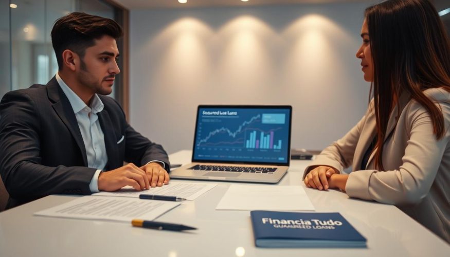 A professional business setting with a confident individual discussing a loan agreement with a focused client, both dressed in business attire. In the foreground, a table with important documents and a pen, emphasizing the negotiation of a secured loan with collateral. In the middle, a laptop displaying financial graphs related to guaranteed loans. The background features a sleek office environment with soft, diffused lighting to create a warm and inviting atmosphere. A subtle hint of the "Financia Tudo" logo on a brochure on the table. The scene should evoke a sense of trust and professionalism, emphasizing the advantages of using assets as collateral for loans.