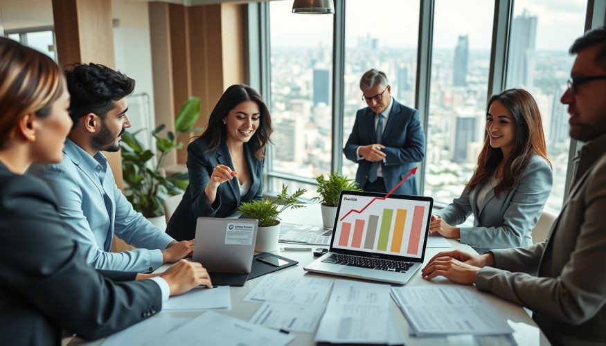 A professional business setting with a diverse group of individuals in business attire, engaged in a dynamic discussion around a large table covered with financial documents and a laptop displaying growth charts. In the foreground, a confident woman points at a chart showing an upward trend labeled "Financia Tudo," symbolizing the impact of credit on business growth. The middle section features a well-organized workspace with green plants providing a fresh atmosphere, while in the background, large windows reveal a bustling cityscape, hinting at opportunity and expansion. The lighting is bright and uplifting, creating a sense of optimism and potential. The angle is slightly overhead, capturing both the intensity of the discussion and the collaborative nature of investing in a business.