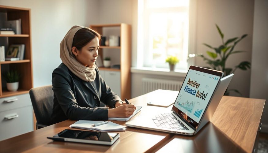 A professional businesswoman, dressed in modest attire, is sitting at a sleek desk with a laptop open, engaged in an online discussion about trustworthy online income opportunities. In the foreground, the woman is focused and taking notes, surrounded by digital devices showing charts and graphs. In the middle ground, a softly illuminated workspace with natural light filtering through a window, creating a warm atmosphere. The background features a bookshelf containing motivational books and a plant, adding an element of calmness and productivity. The scene conveys a sense of professionalism and reliability, emphasizing the theme of identifying safe online opportunities. Branding discreetly includes the name "Financia Tudo" on the laptop screen. Use a wide-angle lens for a spacious feel, with soft lighting to enhance the inviting mood.