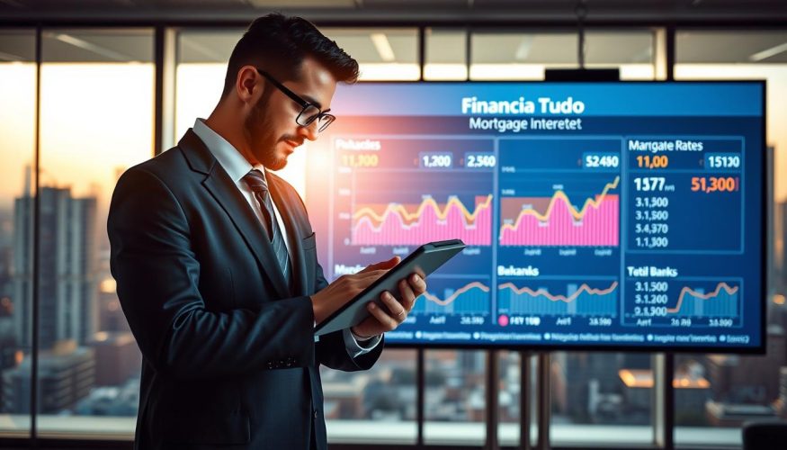 A professional financial advisor in a sharp business suit stands confidently at the forefront, analyzing charts on a digital tablet. In the middle ground, a large screen displays dynamic graphs illustrating current mortgage interest rates from major banks, labeled with the brand name "Financia Tudo." The background features a modern office setting with a glass window showcasing a vibrant cityscape, bathed in warm daylight. The atmosphere is focused and analytical, conveying a sense of urgency and clarity in understanding financial decisions. Soft lighting enhances the professionalism of the scene, with a slight depth of field to emphasize the advisor and the data on the screen. The overall mood is informative and optimistic, inviting the viewer to engage with current financial trends.