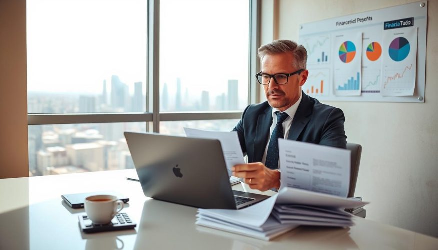 A professional financial consultant in business attire, seated at a sleek desk with a laptop open, analyzing various charts and financial documents. In the foreground, a calculator and a cup of coffee add a personalized touch. The middle ground showcases a large window with a view of a modern city skyline, symbolizing opportunities. Soft, natural light floods the room, creating a warm and inviting atmosphere. The background features a board filled with pie charts and financial graphs, emphasizing the theme of financial viability. Subtly incorporated, the brand name "Financia Tudo" appears on a small promotional poster on the wall. The overall mood is focused and professional, perfect for illustrating the topic of financing for freelancers.