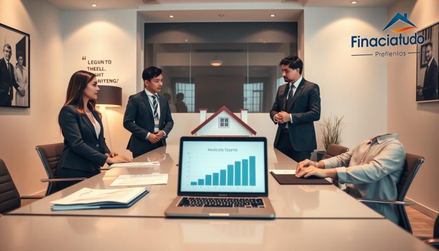 A professional-looking office environment depicting the concept of "using the same asset as collateral for multiple loans." In the foreground, a diverse group of three individuals, dressed in business attire, engaged in a discussion around a sleek conference table. On the table, there are financial documents and a laptop displaying graphs related to loans. In the middle, an image of a residential home, symbolizing the asset, subtly blends into the background, illustrating its significance. Soft, warm lighting fills the room, creating an inviting yet serious atmosphere. The walls are adorned with modern art and motivational quotes. In one corner, a logo of "Financia Tudo" is visible, reinforcing the financial theme. The angle is slightly elevated, capturing both the professionals and the home creatively.