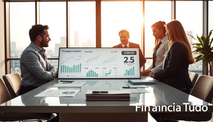 A professional office setting illuminated by soft, natural light pouring through large windows. In the foreground, a diverse group of three individuals—one man and two women—dressed in smart business attire, are engaged in a focused discussion around a sleek table covered with charts and documents related to real estate financing. The middle ground features a large digital screen showing graphs depicting interest rates and mortgage calculations, emphasizing the cost implications of "financiamento imobiliário". The background includes a modern city skyline visible through the windows, symbolizing the housing market. The overall atmosphere is one of seriousness and clarity, aimed at understanding complex financial concepts. In the corner, subtly displayed, is the brand name "Financia Tudo" in a professional font.