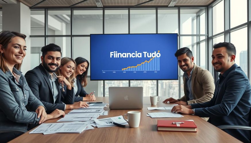 A professional setting emphasizing the theme of credit for freelancers. In the foreground, a confident, diverse group of freelancers in smart casual attire collaborate over a laptop on a modern desk filled with financial documents and a coffee cup, showcasing teamwork. In the middle, a large screen displays the "Financia Tudo" brand logo and financial graphs reflecting growth, symbolizing the pursuit of credit. The background features a bright, well-lit office environment with large windows revealing a city skyline, suggesting opportunity and openness. Soft, diffused natural light creates a positive, inspiring atmosphere. The composition should evoke a sense of hope and ambition for freelancers seeking financial support.