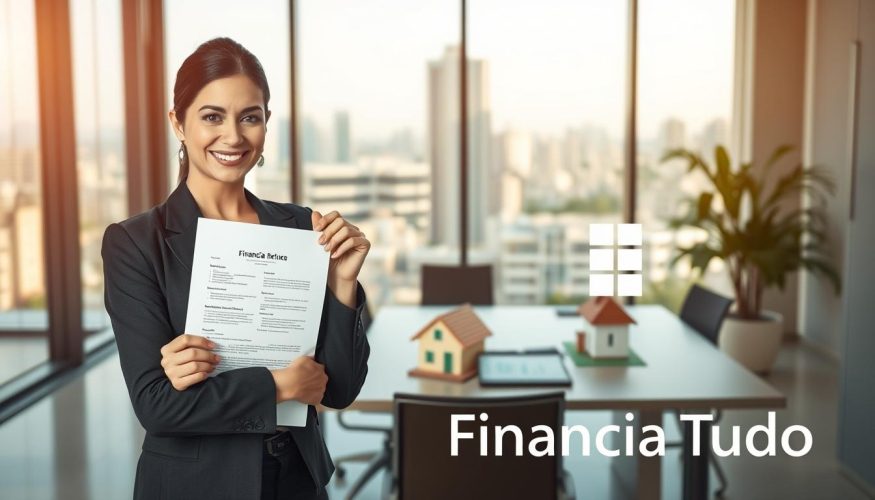 A professional setting illustrating the concept of the "Fundo de Garantia do Tempo de Serviço" (FGTS) for financing real estate. In the foreground, a confident businesswoman in professional attire holds a document symbolizing financial security, showcasing her positive expression. In the middle, a modern office space with a desk featuring a tablet displaying financial charts, alongside a model of a house highlighting home ownership. The background depicts a cityscape through large glass windows, bathed in soft, natural light, creating an optimistic atmosphere. The color palette is warm and inviting, with shades of blue and green representing trust and growth. Logo "Financia Tudo" subtly integrated into the scene to reinforce the financial theme without overwhelming the composition. A professional setting illustrating the concept of the "Fundo de Garantia do Tempo de Serviço" (FGTS) for financing real estate. In the foreground, a confident businesswoman in professional attire holds a document symbolizing financial security, showcasing her positive expression. In the middle, a modern office space with a desk featuring a tablet displaying financial charts, alongside a model of a house highlighting home ownership. The background depicts a cityscape through large glass windows, bathed in soft, natural light, creating an optimistic atmosphere. The color palette is warm and inviting, with shades of blue and green representing trust and growth. Logo "Financia Tudo" subtly integrated into the scene to reinforce the financial theme without overwhelming the composition.
