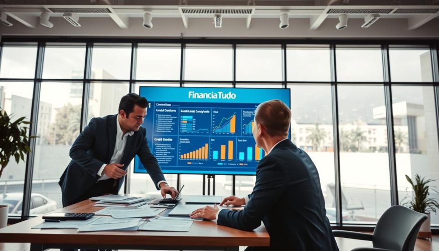 A professional setting showcasing a "comissão indicação crédito" concept. In the foreground, a diverse group of three businesspeople, two men and one woman, discussing over a table filled with financial documents and calculators, all dressed in smart business attire. The middle ground features a large screen displaying the brand "Financia Tudo" with charts and graphs related to credit commissions, indicating growth and financial opportunities. In the background, a modern office environment with large windows allowing natural light to flood in, creating a bright and optimistic atmosphere. The lighting is soft yet clear, emphasizing the professionalism of the scene, while the angle captures a comprehensive view of the discussion and the vibrant workplace ambiance.