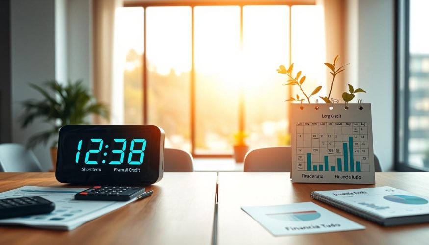 A professional workspace depicting two distinct tables: one showcasing "short-term credit" with a modern digital clock displaying time, financial documents, and a calculator, symbolizing quick, efficient decisions. The other table represents "long-term credit" with a calendar showing months ahead, investment charts, and a potted plant thriving, indicating growth over time. In the background, a large window allows warm, natural sunlight to stream in, enhancing a bright and optimistic atmosphere. Soft focus on the background adds depth, while a wide-angle lens captures the entire scene. Subtle branding elements of "Financia Tudo" are integrated into the document designs on the tables, maintaining a cohesive look. The overall mood is professional, inviting, and informative.