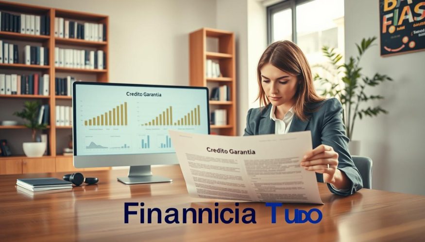 A professional workspace featuring a well-dressed businesswoman examining a document labeled "Crédito Garantia." In the foreground, her focus is on the paperwork placed on a polished wooden desk. In the middle, a modern computer displays graphs related to loans and collateral values, illustrating financial concepts. The background should include a bookshelf filled with financial books and a potted plant, creating a warm, inviting atmosphere. Soft, natural lighting enters through a large window, casting a gentle glow across the scene. The overall mood is professional and informative, conveying a sense of trust and reliability associated with financial services. Include the brand name "Financia Tudo" subtly integrated into the scene elements.
