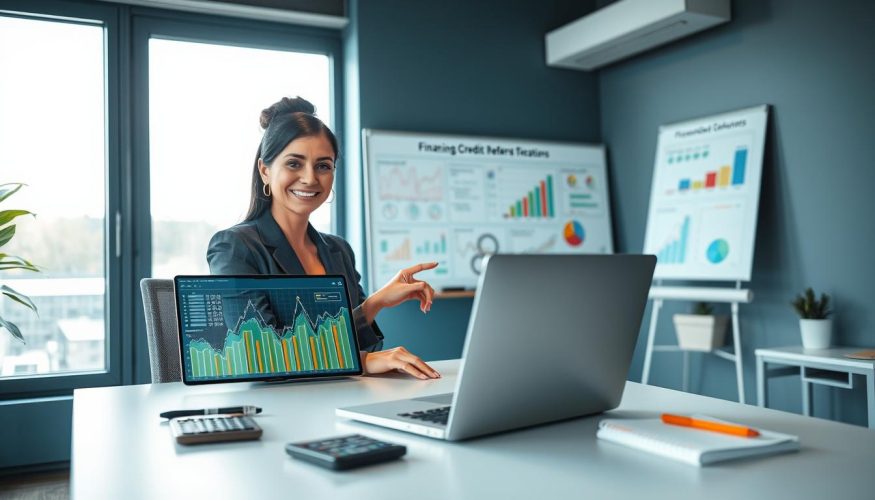 A professional workspace showcasing financial indications, with a modern desk in the foreground directly displaying a laptop showing graphs and statistics. A confident businesswoman in smart business attire sits at the desk, pointing to the screen, illustrating effective credit referral strategies. In the middle ground, a whiteboard filled with colorful charts and notes about credit ideas, while a large window in the background lets in soft, natural light, creating an inviting atmosphere. The color palette is composed of blues and greens to convey trust and professionalism. The setting is bustling with subtle financial elements like calculators, notepads, and pens around, highlighting the theme of making money through credit referrals. A subtle branding of “Financia Tudo” can be seen on the laptop screen.