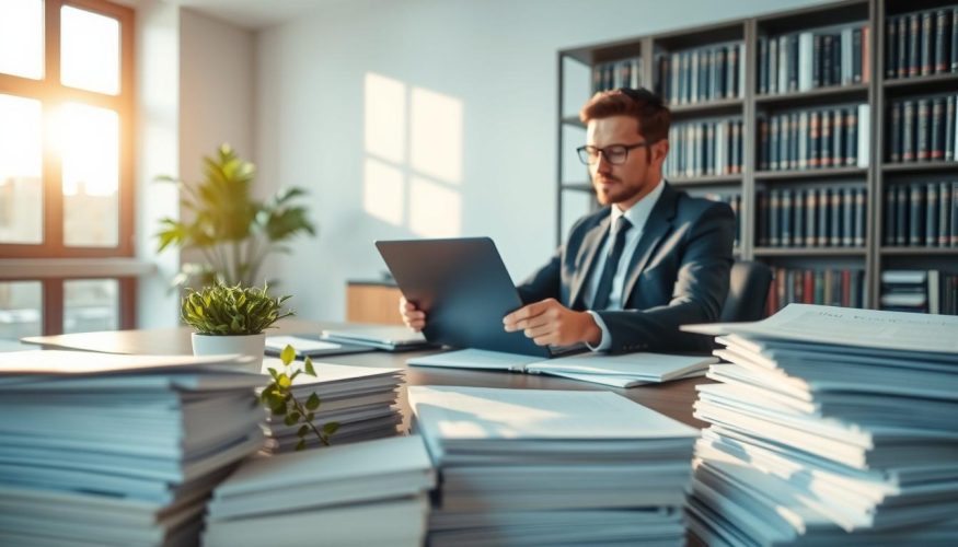A serene office environment with a professional businessperson, wearing smart attire, sitting at a modern desk filled with paperwork and a laptop, analyzing financial documents. In the foreground, stacks of neatly arranged paper representing bills and debt consolidation forms, adorned with a green plant for a fresh touch. In the middle ground, a large window allows soft, warm sunlight to filter in, casting gentle shadows and creating an inviting atmosphere. In the background, a sophisticated bookshelf lined with finance and self-help books, subtly displaying the brand name "Financia Tudo" on one of the spines. The overall mood is focused and optimistic, illustrating clarity and control over financial matters, emphasizing the importance of understanding debt consolidation.
