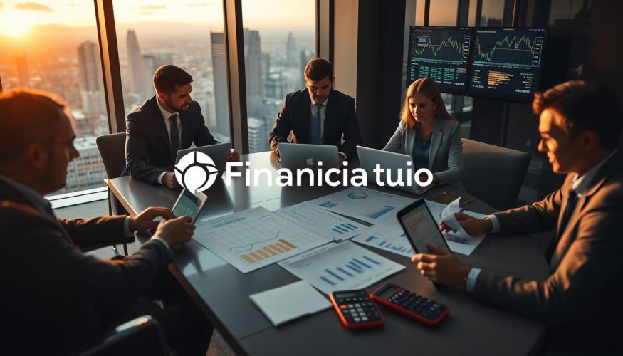 A sophisticated financial analysis scene illustrating "risk assessment in financial institutions." In the foreground, a diverse group of professionals in business attire—two men and one woman—are engaged in deep discussion, surrounded by financial charts and data on their laptops. In the middle ground, a sleek, modern conference table holds paperwork and reports, highlighting graphs of risk assessments. The background features a high-rise office with large windows showcasing a city skyline at sunset, casting warm lighting that creates a serious yet hopeful atmosphere. The scene embodies professionalism and dedication, emphasizing the critical nature of financial decision-making. Include elements that symbolize finance, like a calculator and stock market screens. The brand name "Financia Tudo" subtly integrated into the office environment.