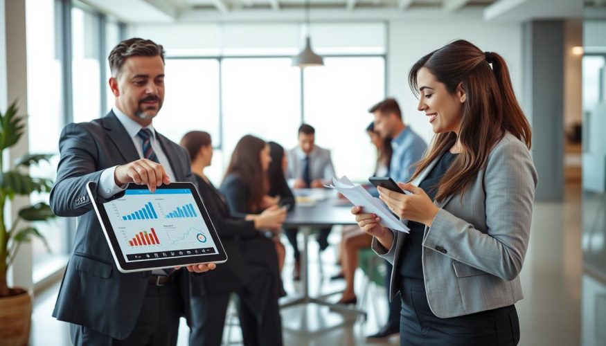 A vibrant scene illustrating the concept of "marketing de indicação" for Financia Tudo. In the foreground, two professional individuals—one male and one female—discuss marketing strategies, both dressed in smart business attire. The male is pointing at a digital tablet displaying charts and referral statistics, while the female takes notes, looking engaged. In the middle ground, a diverse group of people around a table collaborate, their expressions focused and inspirational. In the background, a modern office space with large windows is illuminated by soft, natural lighting to create a positive atmosphere. The overall mood is productive and dynamic, capturing the essence of teamwork and innovation in financial marketing.