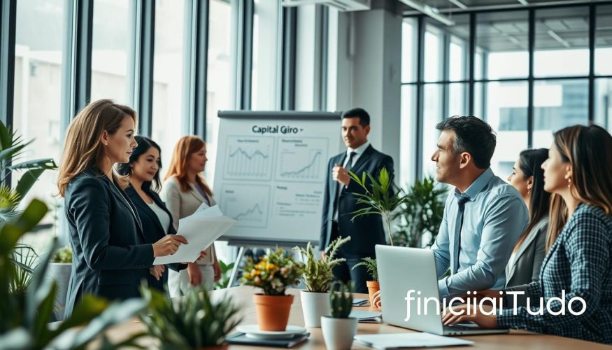 A visually compelling office setting with a diverse group of professionals engaged in a discussion, demonstrating the concept of "capital giro". In the foreground, a businesswoman holds a financial report, looking thoughtfully at a laptop while a businessman gestures towards a graph displayed on the screen. In the middle, a whiteboard features notes and diagrams about working capital, surrounded by potted plants that bring a touch of greenery. The background showcases a modern office environment, with tall windows allowing bright, natural light to flood the room, creating an inviting atmosphere. The lens captures the action in a slight angle to enhance the dynamism of the scene. The overall mood is collaborative and focused, emphasizing the importance of working capital management. The logo of "Financia Tudo" subtly integrated into the scene conveys a sense of reliability and professionalism.