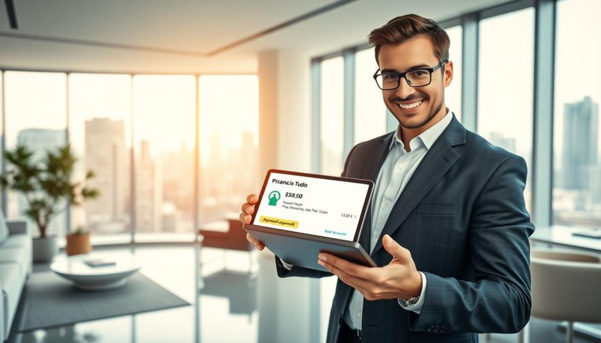 A visually compelling, professional representation of "pre-approved credit" centered on Financia Tudo. In the foreground, a confident individual in business attire is reviewing a digital tablet displaying financial data and a glowing approval notification. The middle layer features a sleek, modern office environment with minimalistic decor, emphasizing professionalism. In the background, large windows reveal a bright city skyline, symbolizing financial opportunity. Soft, natural lighting fills the space, creating a productive atmosphere. The camera angle is slightly above eye level, capturing both the individual and the surrounding environment dynamically. The overall mood is optimistic and empowered, inviting viewers to engage with the concept of pre-approved credit.