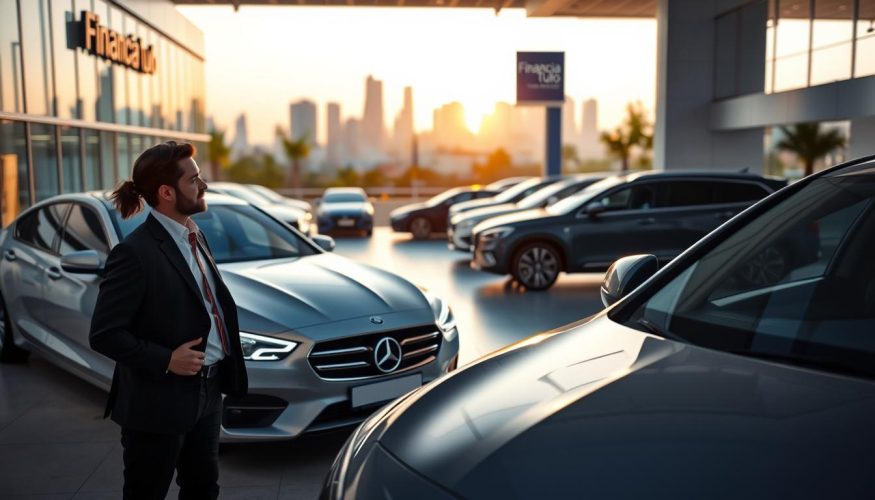 A visually engaging and informative scene depicting the viability of vehicle trading for financing options. In the foreground, a professional-looking person in smart attire is consulting with a car dealer near a sleek, modern vehicle. The middle ground showcases a luxury car dealership with a variety of cars on display, highlighting the choices available for trade-in. In the background, a modern cityscape adds depth, symbolizing financial growth and opportunity. Soft, natural lighting creates an inviting atmosphere, with the sun setting, casting warm tones across the scene. Capture a sense of professionalism and hope for a brighter financial future. Include a subtle branding element of "Financia Tudo" within the dealership signage, ensuring it aligns with the overall theme without overwhelming the composition.