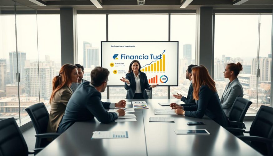 A visually engaging scene depicting a professional business meeting in a modern office setting. In the foreground, a diverse group of individuals in professional attire (suits and business casual) are seated around a sleek conference table, analyzing financial documents and charts projecting an upward trend. In the middle, a confident woman gestures towards a digital screen displaying the brand name "Financia Tudo" and infographics related to business loans and investments. In the background, large windows let in soft, natural light, revealing a busy cityscape that symbolizes opportunities. The atmosphere is focused and optimistic, with a warm color palette that conveys a sense of collaboration and growth. The composition should employ a slightly wide-angle perspective to capture the dynamic interaction among participants.