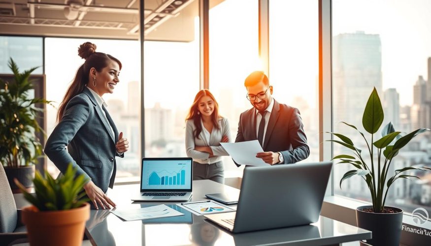 A visually engaging scene illustrating the concept of credit, featuring a diverse group of three professionals in a modern office setting. In the foreground, a confident woman in a tailored suit is discussing financial options with a man in business attire, both showing enthusiasm. The middle ground showcases a modern desk with financial documents, a laptop displaying graphs, and a potted plant adding a touch of greenery. In the background, large windows reveal a bustling cityscape, bathed in warm, natural light, creating an inviting atmosphere. The mood is collaborative and optimistic, reflecting the importance of credit in achieving personal financial goals. The branding "Financia Tudo" is subtly integrated into the office decor, enhancing the professional context.