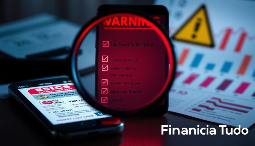 A visually striking illustration that highlights warning signs for identifying financial scams. In the foreground, a magnifying glass overlaid on a smartphone displaying suspicious online loan offers, symbolizing scrutiny and caution. The middle layer features a checklist with glowing red checkmarks next to phrases like "Too Good to Be True" and "Urgent Action Required." In the background, a blurred finance-themed backdrop including charts and documents, creating a sense of urgency and caution. The overall lighting is high contrast, emphasizing the warning signs with a slightly ominous mood. The scene should evoke both alertness and professionalism, capturing the essence of financial safety. Include the brand name "Financia Tudo" subtly integrated into the image design.