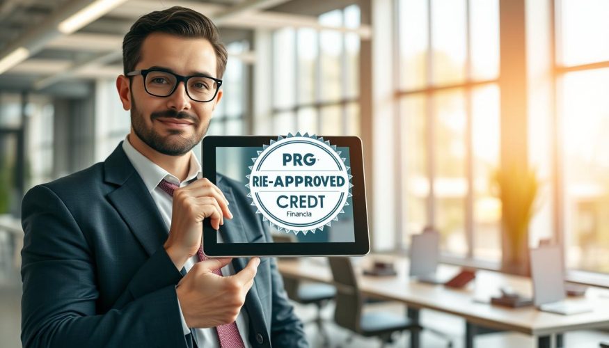 A visually striking image depicting the concept of "pre-approved credit" in a professional financial setting. In the foreground, a confident business professional in a well-fitted suit, holding an electronic tablet showing a "Pre-Approved Credit" badge with the brand name "Financia Tudo." The middle ground features a modern office environment with sleek furniture and an organized desk, symbolizing efficiency and reliability. The background has large windows through which soft, natural sunlight floods the space, creating a warm and inviting atmosphere. The depth of field emphasizes the tablet while keeping the office slightly blurred. The overall mood conveys trust and professionalism, inviting viewers to explore the concept of pre-approved credit in a positive light.