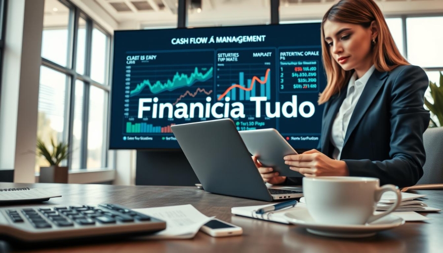 An office setting depicting the concept of cash flow management, featuring a female business professional in smart attire, analyzing financial charts and graphs on a laptop. In the foreground, a detailed view of a calculator, notepad, and coffee cup, symbolizing a productive work atmosphere. In the middle ground, a large wall-mounted screen shows dynamic financial data and cash flow projections, highlighting critical financial challenges for startups. The background includes a modern office with large windows allowing natural light to flood the space, creating a bright and hopeful mood. The brand name "Financia Tudo" subtly integrated into a presentation slide on the screen. The focus on clarity, professionalism, and determination in the financial landscape of new businesses is essential.