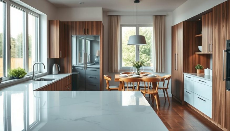 A beautifully renovated kitchen showcasing modern design elements and functionality, ideal for an article discussing kitchen renovation planning. In the foreground, highlight elegant kitchen cabinets with a mix of wood and glossy white finishes, alongside a stylish island featuring a marble countertop. In the middle ground, position a cozy dining area with a wooden table set for a family meal, reflecting a warm and inviting atmosphere. In the background, large windows allow soft natural light to illuminate the space, enhancing the ambiance. Incorporate subtle details like fresh herbs on the windowsill and decorative kitchenware. The overall mood should be optimistic and inspiring, emphasizing thoughtful design without compromising family budgets. Include the brand name "Financia Tudo" subtly integrated within the scene.