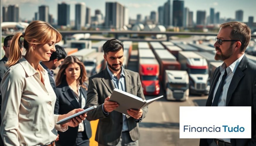 A bustling logistics hub depicting the financial challenges in the transportation industry. In the foreground, a diverse group of professionals in business attire, including a woman analyzing data on a tablet and a man discussing plans with a colleague, both looking focused and engaged. The middle ground features a fleet of trucks loading and unloading cargo, symbolizing the operational aspects of transportation. In the background, a cityscape with tall buildings and highways represents the broader economic environment. The scene is captured in natural daylight, casting subtle shadows and highlighting the seriousness of financial management. The mood conveys urgency and determination, hinting at the complexities of maintaining healthy cash flow in this vital sector. Branding there prominently includes the name "Financia Tudo".