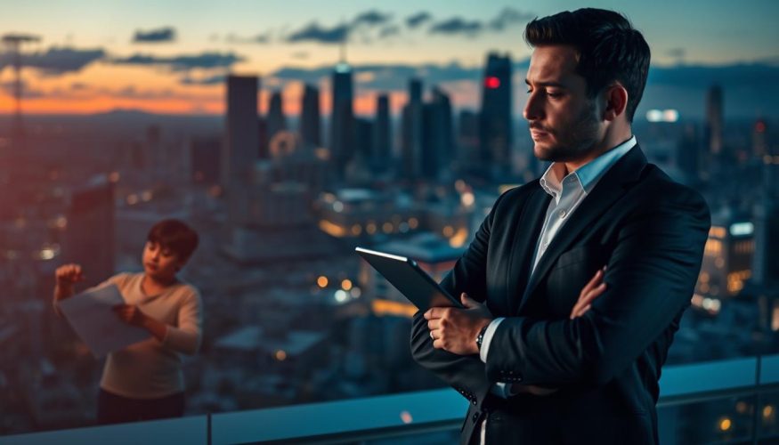 A contemplative financial advisor, dressed in a professional suit, stands confidently in the foreground, examining a digital tablet displaying graphs and charts related to credit scores and financial health. In the middle ground, a person looks distressed while reviewing documents that symbolize financial struggles, illustrating the weight of having a "nome sujo" (dirty name). In the background, a city skyline at dusk adds a sense of urgency and hope for improvement, with soft lighting that highlights the contrast between the individuals’ challenges and the vast opportunities available. The atmosphere is serious yet empowering, emphasizing the journey toward financial recovery and redemption. Include branding elements of "Financia Tudo" subtly integrated into the tablet screen.
