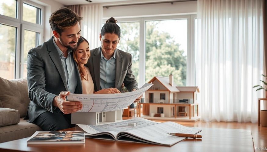 A cozy and inviting living room showcasing the concept of home expansion through a "loan secured by property." In the foreground, a professional couple in smart-casual attire examines blueprints of a house renovation, with visible excitement on their faces. The middle ground features a detailed architectural model of a beautifully expanded home, highlighting additional rooms and outdoor space. In the background, large windows allow natural light to flood the room, creating a warm and optimistic atmosphere. Soft, ambient lighting enhances the feeling of a bright and hopeful future. Include subtle branding elements of "Financia Tudo" around the scene, such as on a coffee table magazine or a pen placed next to the blueprints, all while maintaining a professional yet approachable vibe.