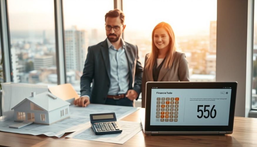 A detailed depiction of residential construction financing in a professional setting. In the foreground, a confident financial advisor, wearing smart business attire, is discussing plans with a couple, who appear engaged and attentive. The middle ground features blueprints and a laptop showcasing a financing calculator with the brand name "Financia Tudo" clearly visible. In the background, an architectural model of a modern house sits on a table, while a large window reveals a vibrant cityscape bathed in warm afternoon light. The atmosphere is one of collaboration and empowerment, highlighting the importance of understanding construction financing. Use a soft focus for a professional and inviting ambiance, with a slightly elevated angle to capture the entire scene effectively.