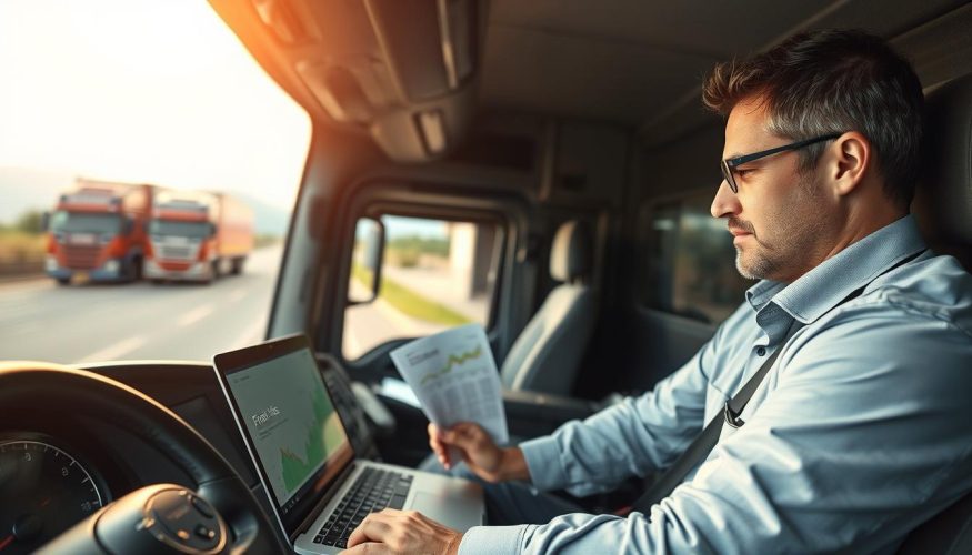 A focused scene depicting an autonomous truck driver reviewing financial documents inside the cabin of his truck, symbolizing the importance of credit for independent truckers. In the foreground, a determined male driver in a business casual shirt, looking thoughtfully at a laptop with financial graphs. In the middle ground, the interior of a modern truck equipped with technology, displaying various financial papers scattered around. In the background, a slightly blurred road with a semi-truck transporting goods, suggesting movement and progress. The lighting should be warm and inviting, creating a hopeful mood. Use a wide-angle lens for an immersive view, ensuring the branding "Financia Tudo" appears subtly on the laptop screen without text overload, focusing on the achievement of financial support.