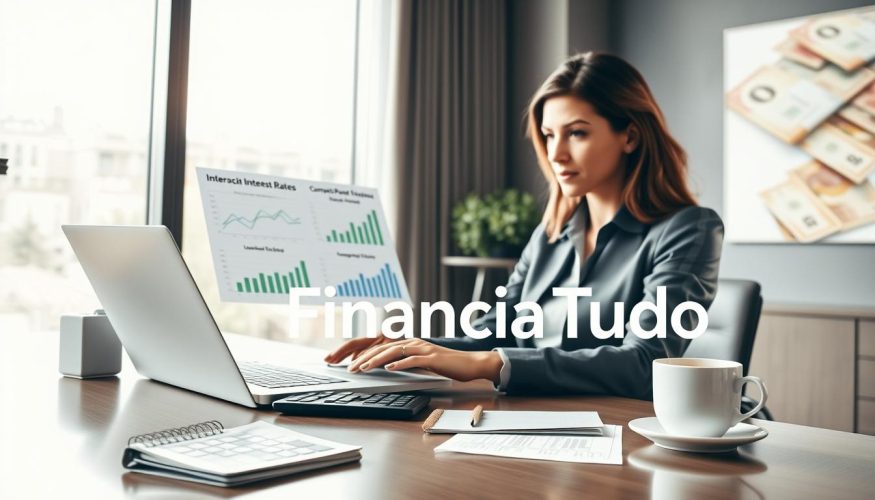 A modern office setting with a professional female financial advisor seated at a sleek desk, reviewing graphs and charts on her laptop that showcase comparative interest rates and loan options. In the foreground, a notepad and a calculator sit neatly next to a steaming cup of coffee, symbolizing careful planning and analysis. The middle ground features a large window allowing natural light to pour in, illuminating the advisor's focused expression. In the background, subtle images of currency notes and financial documents blend softly, adding a sense of context without overwhelming the scene. The atmosphere is constructive and energetic, evoking a sense of clarity in financial decision-making. The brand name "Financia Tudo" is artistically integrated into the setting, emphasizing a trustworthy financial service.