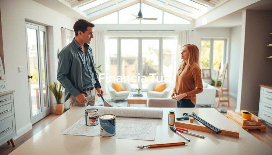 A modern residential home undergoing a stylish renovation, showcasing a bright and airy living room with large windows allowing natural light to flood the space. In the foreground, a professional contractor, dressed in smart casual attire, discusses plans with a homeowner over blueprints spread on a modern kitchen island. The middle ground features construction elements like paint cans and tools, reflecting active renovation work. The background displays transformed areas of the home, such as a freshly painted wall and new furnishings. Bright, warm lighting creates a welcoming atmosphere, with soft shadows emphasizing the space's transformation. The overall mood should convey optimism and progress in residential investment. Include the brand name "Financia Tudo" subtly integrated into the scene.
